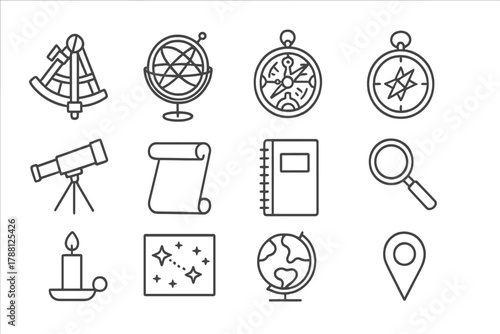 Astronomical Tools Icons. Line style icons of Astronomical Tools: Sextant, Armillary Sphere, Astrolabe, Compass; Telescope, Scroll