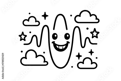 Playful Sound Wave. Adorable doodle vector design of a playful sound wave with a big grin, floating among doodle clouds, stars,