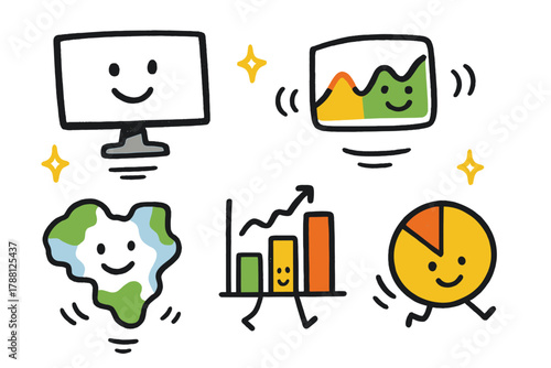 Doodle Satellite Visualization. Playful doodle satellite data visualization with smiling screens, cartoon graphs bouncing,