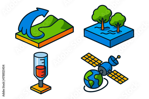 Extreme Weather Icons. Isometric vector illustration set Extreme Weather Monitoring: Moisture plume sweeping over terrain, flooded