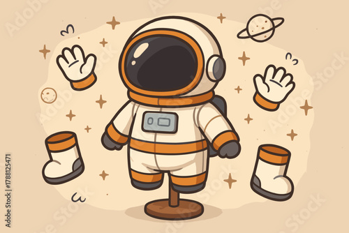 Space Suit Ensemble. Adorable space suit on a mannequin, surrounded by floating doodle gloves and boots
