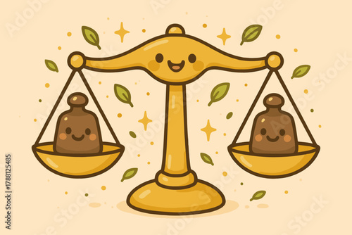 Joyful Balance Scales. Friendly balance scales with grinning weights, surrounded by tiny floating leaves and sparkles