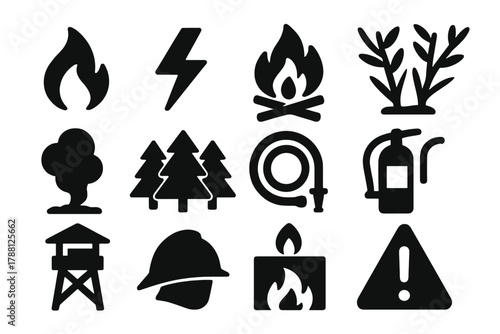 Fire Ecology Icons. Solid style icons of Fire Ecology: flame, lightning bolt, campfire, dry vegetation, smoke plume, forest, fire