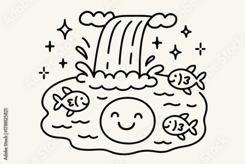 Joyful Waterfall Pool. Charming doodle vector composition of a joyful pool at the base of a waterfall, filled with smiling fish,