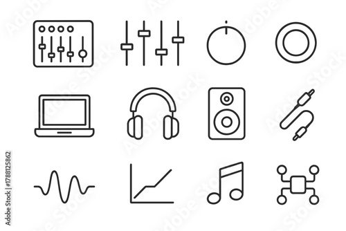 Audio Tools Icons. Line style icons of Audio Tools: Mixer, Fader, Knob, Button; Laptop, Headphones, Speaker, Cable; Waveform,