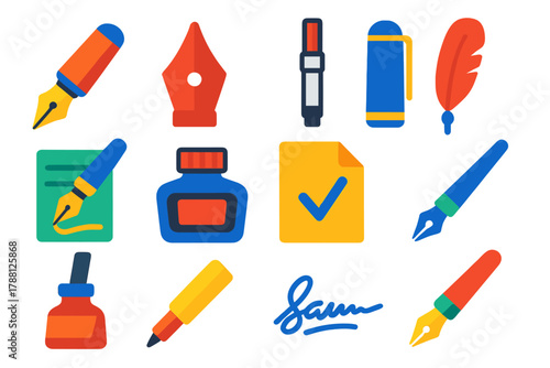 Penmanship Icon Set. Flat vector icons of Penmanship Tools: fountain pen, nib, ink converter, cap, writing, ink bottle, paper,