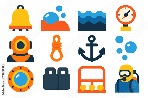 Underwater Rescue Icons. Flat vector icons of Underwater Rescue Gear: diving bell, air pocket, ocean, pressure, helmet, rope,