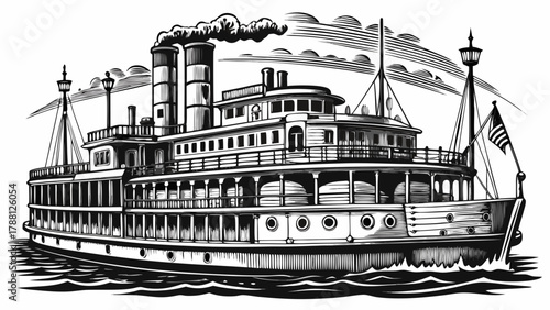 Very beautiful classic steamboat engraving in black-and-white style, isolated on a white background, featuring detailed line work, vintage maritime elements, and a realistic historic illustration aest