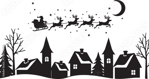 Santa in a reindeer sleigh in the sky. Winter christmas .