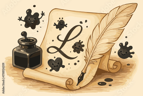Playful Calligraphy Art. Adorable calligraphy scene with quill, inkwell, parchment, and happy ink blots forming shapes