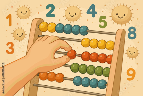 Counting Beads Playfully. Friendly child’s hand moving beads, tiny smiling dust motes and numbers floating around