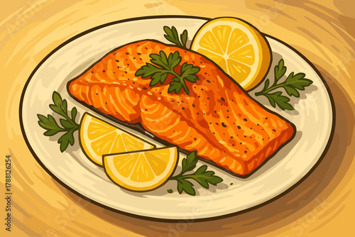 Roasted Salmon Delight. Plated roasted salmon garnished with lemon wedges and fresh herbs, vibrant colors, warm natural vector