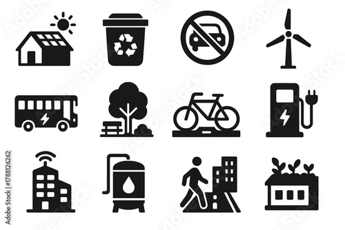 Urban Sustainability Icons. Solid style icons of Urban Sustainability: solar roof, recycling bin, car-free street, wind turbine,