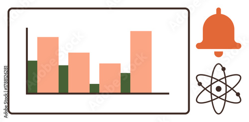 Bar chart comparing data sets, orange notification alert, and atomic structure. Ideal for analytics, research, education, data visualization, alerts technology science. Simple flat metaphor