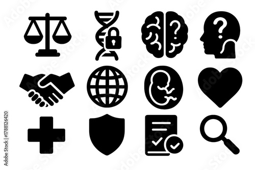 Bioethics Icon Set. Solid style icons of Bioethics: scales of justice, DNA strand with lock, brain with question mark, handshake,
