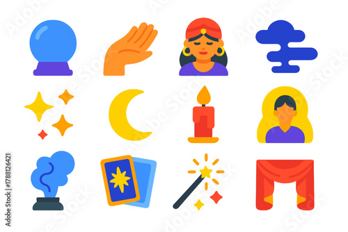 Enchanted Icon Set. Flat vector icons of Enchanted Vision: crystal ball, hand, fortune teller, mist, stars, moon, candle, smoke,