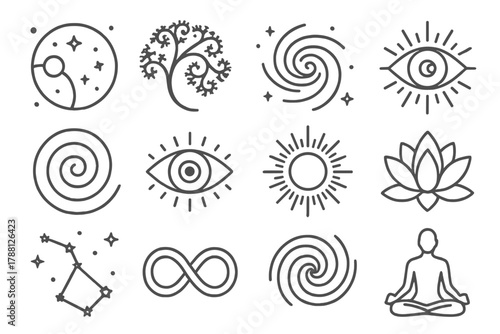 Psychedelic Cosmology Icons. Line style icons of psychedelic cosmology: universe, fractal, galaxy, consciousness; spiral pattern,