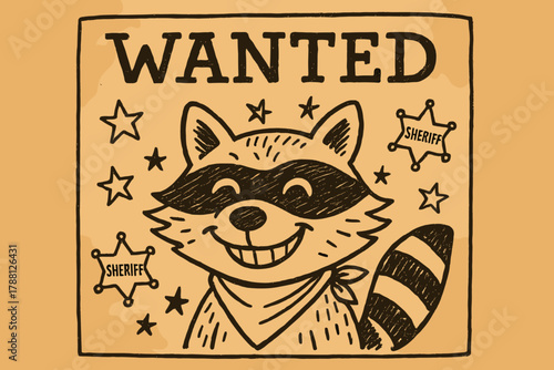 Doodle Raccoon Wanted. Playful wanted poster with a doodle bandit raccoon smiling, surrounded by doodle stars and sheriff badges