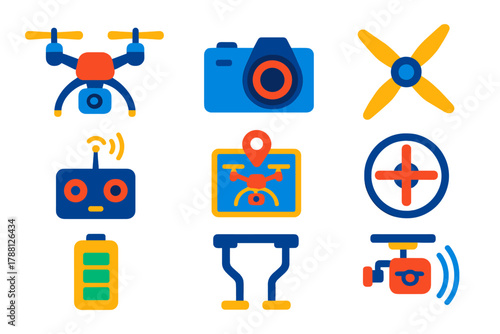 Drone Icon Set. Flat vector icons of Professional Drone: drone, camera, propeller, remote, aerial view, GPS, rotor, battery,