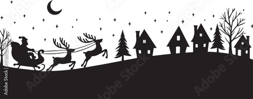 Santa in a reindeer sleigh in the sky. Winter christmas .