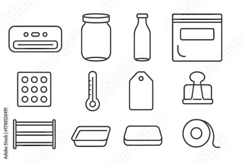 Preservation Tools Icons. Line style icons of Preservation Tools: Vacuum Sealer, Jar, Bottle, Freezer Bag; Ice Pack, Thermometer,