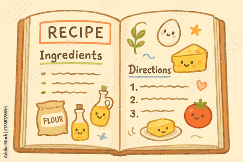 Whimsical Recipe Book. Friendly recipe book open, doodle notes, tiny smiling ingredients scattered across the page