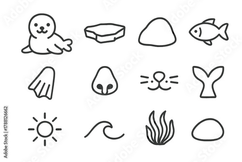 Seal Life Icons. Line style icons of Seal Life: Seal Pup, Ice Floe, Rock, Fish; Flipper, Nose, Whiskers, Tail; Sun, Wave, Seaweed,