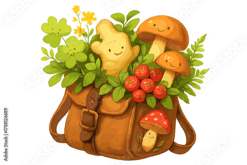 Forager's Bountiful Harvest. Forager’s backpack filled with happy herbs, roots, berries, and fungi, glowing with freshness and joy