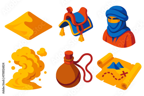Desert Nomad Icons. Isometric vector illustration set Desert Nomad: Dune, Camel Saddle, Nomad Hat, Sandstorm, Water Skin, Ancient
