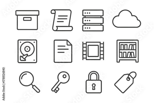 Knowledge Preservation Icons. Line style icons of Knowledge Preservation: Archive Box, Scroll, Server, Cloud; Hard Drive, Document