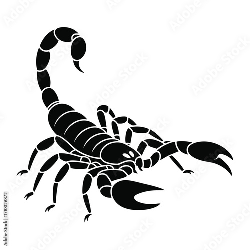Stylized black silhouette of a scorpion against a white background