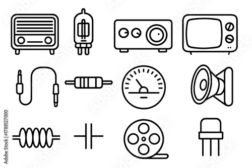 Vintage Tech Icons. Line style icons of vintage technology: radio console, vacuum tube, amplifier, cathode ray tube; patch cord,
