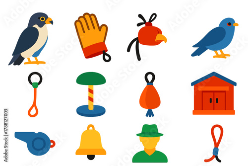 Falconry Icons Set. Flat vector icons of Bird of Prey: falcon, glove, hood, prey, jess, perch, lure, mews, whistle, bell, handler,