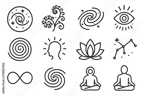 Psychedelic Cosmology Icons. Line style icons of psychedelic cosmology: universe, fractal, galaxy, consciousness; spiral pattern,