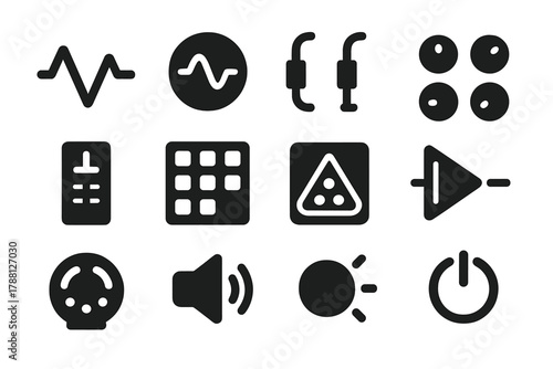 Modular Sound Icons. Solid style icons of Modular Sound Lab: Waveform, Oscillator, Patch Cables, Knobs, Slider, Sequencer, Filter,
