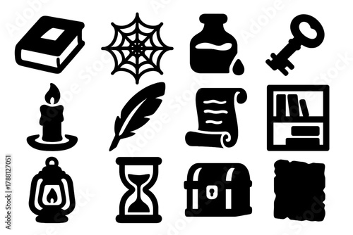 Forgotten Library Icons. Solid style icons of Forgotten Library: Dusty Tome, Cobweb, Fading Ink, Ancient Key, Candle, Quill,