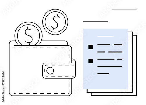 Wallet containing coins next to financial documents symbolizes saving, budgeting, and expense tracking. Ideal for finance, planning, documentation, income, expenditure business education. Simple