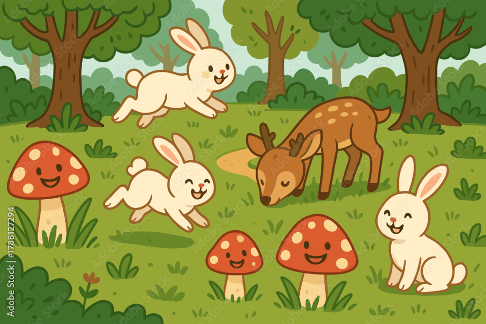 Naklejka premium Playful Woodland Creatures. Playful woodland scene with hopping rabbits, grinning mushrooms, and happy deer grazing