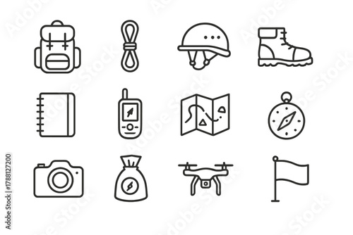 Field Equipment Icons. Line style icons of Field Equipment: Backpack, Rope, Helmet, Boots; Notebook, GPS Device, Map, Compass;