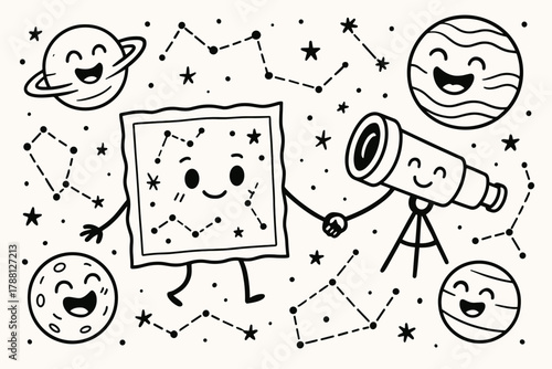 Celestial Playtime Doodles. Funny doodle vector composition of a star map holding hands with a telescope, surrounded by giggling