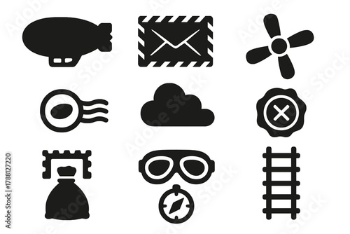 Zeppelin Mail Icons. Solid style icons of Zeppelin Mail: Air Mail Envelope, Propeller, Postmark, Cloud, Letter Seal, Stamp, Pilot