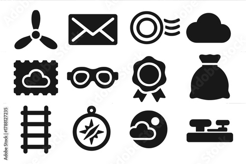 Aviation Post Icons. Solid style icons of Aviation Post: Propeller, Air Mail Envelope, Postmark, Cloud, Stamp, Pilot Goggles,