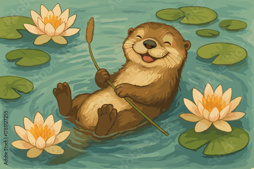 Playful Otter Delight. Smiling otter floating on water, holding a reed like a toy, surrounded by lily flowers