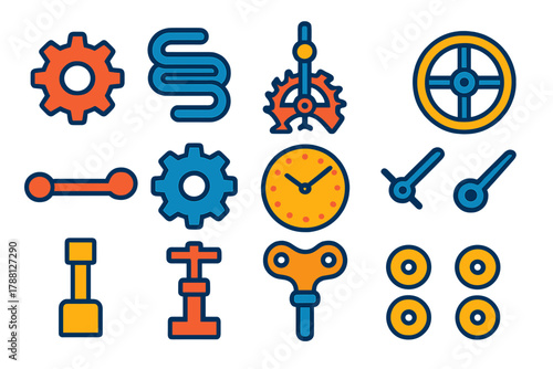 Clockwork Device Icons. Flat vector icons of Clockwork Fantasy Devices: gear, spring, escapement, balance wheel, lever, cogwheel,
