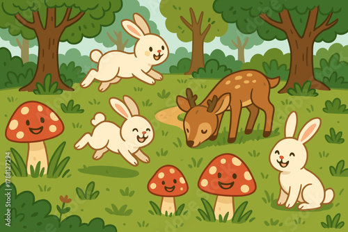 Playful Woodland Creatures. Playful woodland scene with hopping rabbits, grinning mushrooms, and happy deer grazing