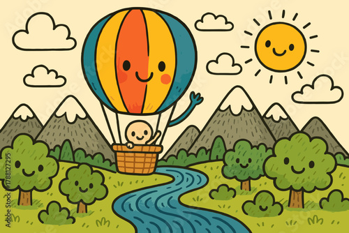 Balloon Over Doodle Mountains. Cheerful hot air balloon floating over doodle mountains, waving rivers, and smiling trees