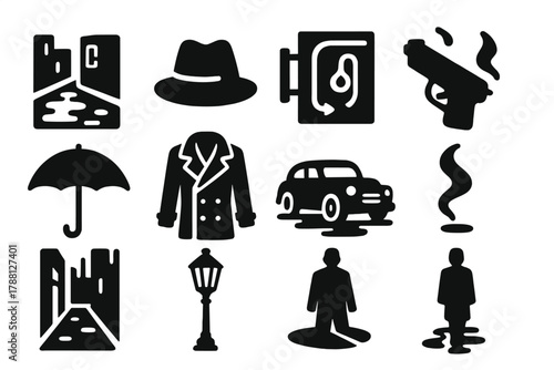 Neon Noir Icons. Solid style icons of Neon Noir: Rain-Slicked Street, Fedora Silhouette, Neon Sign, Pistol, Umbrella, Trench Coat,