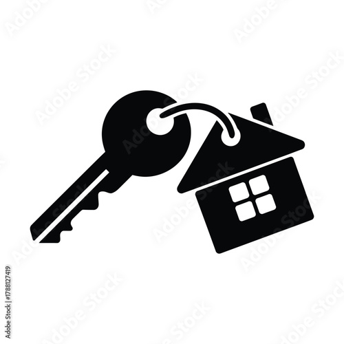Black silhouette of a house key with a house shaped keychain