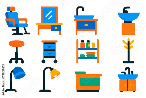 Salon Furniture Icons. Flat vector icons of Salon Furniture: barber chair, mirror, styling station, wash basin, stool, trolley,