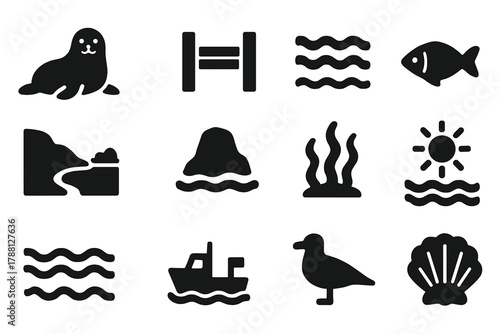 Harbor Seal Icons. Solid style icons of Harbor Seal: Pier, Water, Fish, Coast, Rock, Seaweed, Sun, Waves, Boat, Gull, Iceberg,
